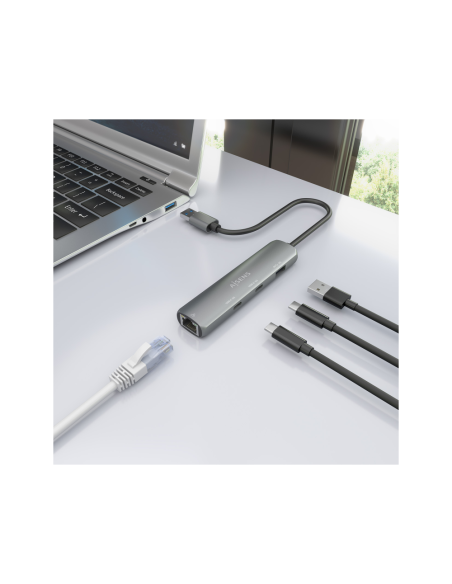 AISENS USB3.0 Dock USB-A A Ethernet Gigabit + Hub 2xUSB-C+1xUSB-A, Gris, 15cm