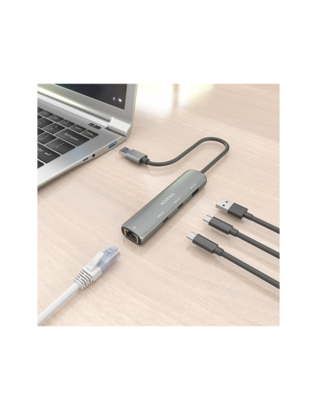 AISENS USB3.0 Dock USB-A A Ethernet Gigabit + Hub 2xUSB-C+1xUSB-A, Gris, 15cm