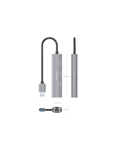 AISENS USB3.0 Dock USB-A A Ethernet Gigabit + Hub 3xUSB-C, Gris, 15cm