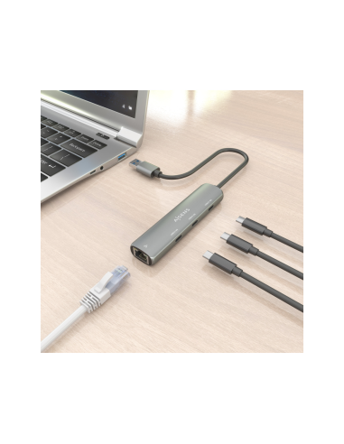 AISENS USB3.0 Dock USB-A A Ethernet Gigabit + Hub 3xUSB-C, Gris, 15cm