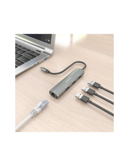 AISENS Dock USB-C A Ethernet Gigabit + Hub 3xUSB-A, Gris, 15cm