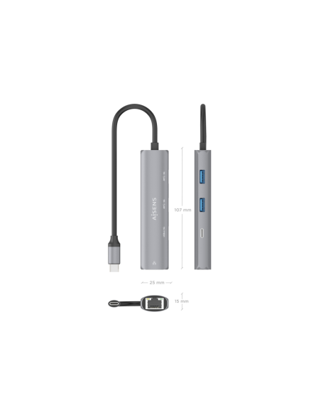 AISENS Dock USB-C A Ethernet Gigabit + Hub 1xUSB-C+2xUSB-A, Gris, 15cm