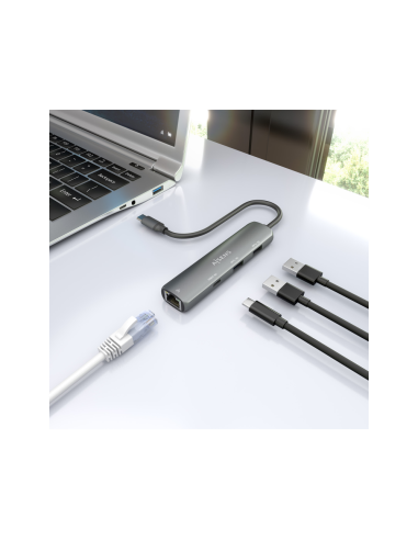 AISENS Dock USB-C A Ethernet Gigabit + Hub 1xUSB-C+2xUSB-A, Gris, 15cm