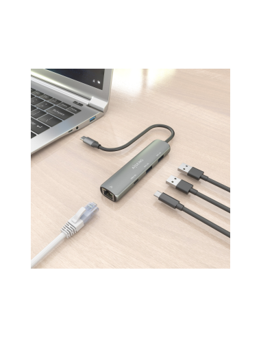 AISENS Dock USB-C A Ethernet Gigabit + Hub 1xUSB-C+2xUSB-A, Gris, 15cm