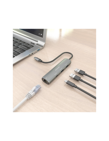 AISENS Dock USB-C A Ethernet Gigabit + Hub 1xUSB-C+2xUSB-A, Gris, 15cm