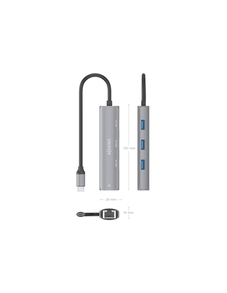 AISENS Dock USB-C A Ethernet Gigabit + Hub 2xUSB-C+1xUSB-A, Gris, 15cm