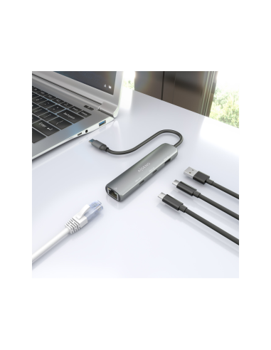 AISENS Dock USB-C A Ethernet Gigabit + Hub 2xUSB-C+1xUSB-A, Gris, 15cm