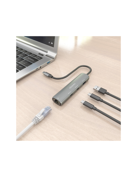 AISENS Dock USB-C A Ethernet Gigabit + Hub 2xUSB-C+1xUSB-A, Gris, 15cm
