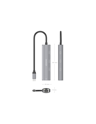 AISENS Dock USB-C A Ethernet Gigabit + Hub 3xUSB-C, Gris, 15cm