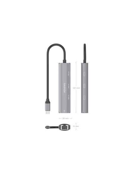 AISENS Dock USB-C A Ethernet Gigabit + Hub 3xUSB-C, Gris, 15cm