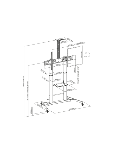 AISENS Soporte de Suelo ECO con Ruedas y Manivela, Bandeja para DVD y Soporte de Cámara para Monitor/TV 100Kg de 60-100, Negro