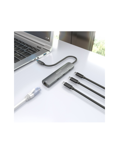 AISENS Dock USB-C A Ethernet Gigabit + Hub 3xUSB-C, Gris, 15cm