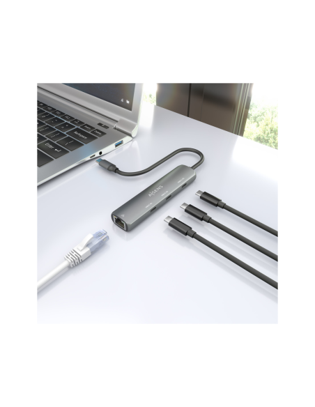 AISENS Dock USB-C A Ethernet Gigabit + Hub 3xUSB-C, Gris, 15cm
