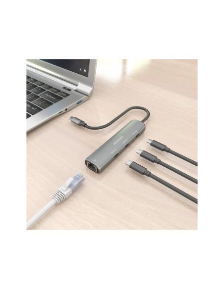 AISENS Dock USB-C A Ethernet Gigabit + Hub 3xUSB-C, Gris, 15cm