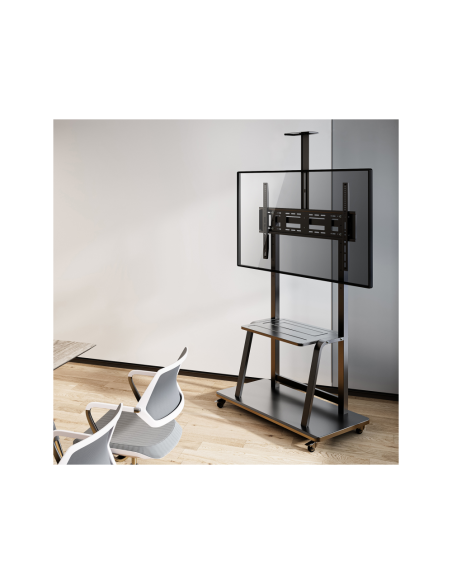 AISENS Soporte de Suelo ECO con Rueda, Bandeja para DVD y Soporte de Cámara para Monitor/TV 150Kg de 37-100, Negro