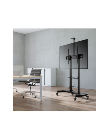 AISENS Soporte de Suelo ECO con Ruedas y Manivela, Bandeja para DVD y Soporte de Cámara para Monitor/TV 100Kg de 60-100, Negro