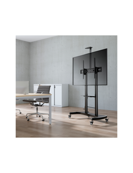 AISENS Soporte de Suelo ECO con Ruedas y Manivela, Bandeja para DVD y Soporte de Cámara para Monitor/TV 100Kg de 60-100, Negro