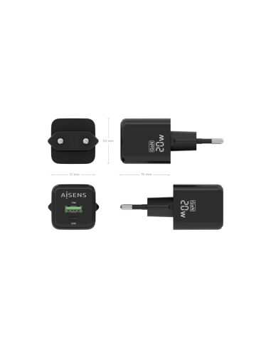 AISENS ASCH-20W2P011-BK cargador de dispositivo móvil Universal Corriente alterna Carga rápida Interior