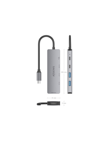 AISENS USB-C Dock 5 en 1, USB-C a 1xHDMI 2xUSB-A 1xUSB-C 1xUSB-C PD, Gris, 15cm