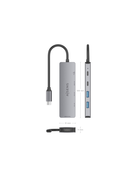 AISENS USB-C Dock 5 en 1, USB-C a 1xHDMI 2xUSB-A 1xUSB-C 1xUSB-C PD, Gris, 15cm