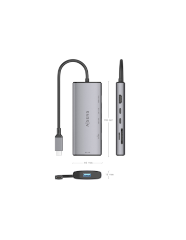 AISENS USB-C Dock 6 en 1, USB-C a 1xHDMI, 1xUSB-A 10G, 2xUSB-C 10G, 1xSD, 1xMicroSD, Gris, 20cm