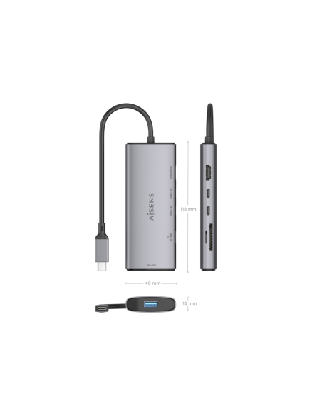AISENS USB-C Dock 6 en 1, USB-C a 1xHDMI, 1xUSB-A 10G, 2xUSB-C 10G, 1xSD, 1xMicroSD, Gris, 20cm