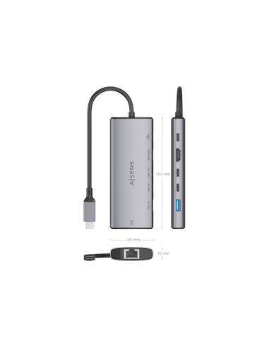 AISENS USB-C Dock 6 en 1, USB-C a 1xHDMI, 1xRJ45, 1xUSB-A 10G, 2xUSB-C 10G, 1xUSB-C PD, Gris, 20cm