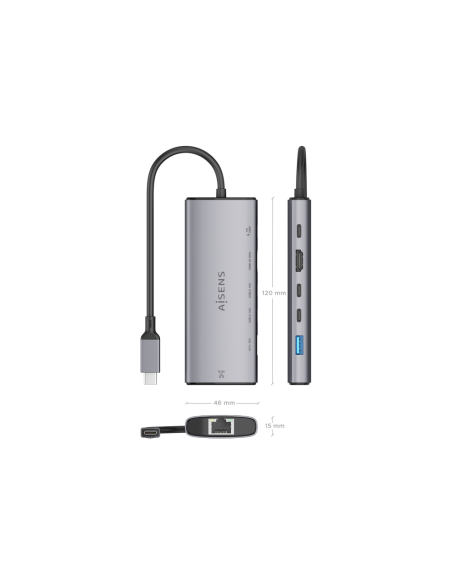 AISENS USB-C Dock 6 en 1, USB-C a 1xHDMI, 1xRJ45, 1xUSB-A 10G, 2xUSB-C 10G, 1xUSB-C PD, Gris, 20cm