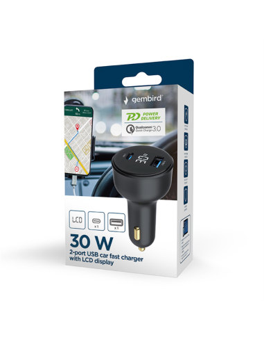 Gembird TA-UC-AC2PD30LCD-CAR-01 cargador de dispositivo móvil Universal Negro Encendedor de cigarrillos Carga rápida Auto