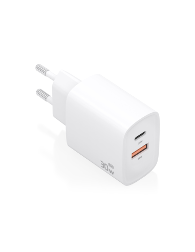 AISENS Cargador GaN 30W, 1xUSB-C PD3.0 QC4.0, 1xUSB-A QC3.0, Blanco