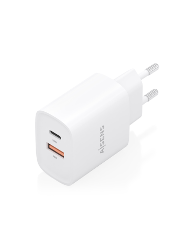 AISENS Cargador GaN 30W, 1xUSB-C PD3.0 QC4.0, 1xUSB-A QC3.0, Blanco
