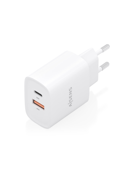 AISENS Cargador GaN 30W, 1xUSB-C PD3.0 QC4.0, 1xUSB-A QC3.0, Blanco