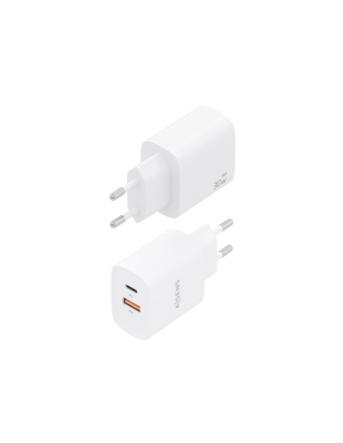 AISENS Cargador GaN 30W, 1xUSB-C PD3.0 QC4.0, 1xUSB-A QC3.0, Blanco