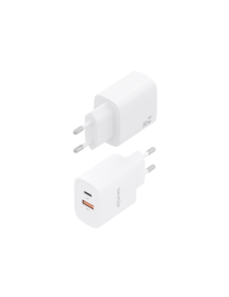 AISENS Cargador GaN 30W, 1xUSB-C PD3.0 QC4.0, 1xUSB-A QC3.0, Blanco