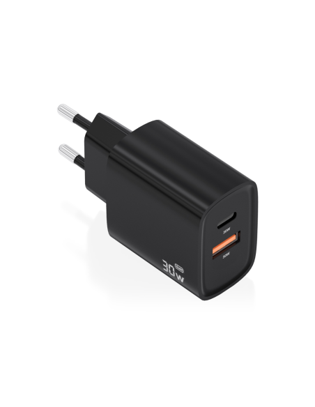 AISENS Cargador GaN 30W, 1xUSB-C PD3.0 QC4.0, 1xUSB-A QC3.0, Negro