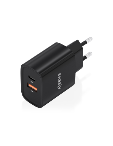 AISENS Cargador GaN 30W, 1xUSB-C PD3.0 QC4.0, 1xUSB-A QC3.0, Negro