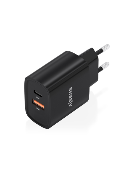 AISENS Cargador GaN 30W, 1xUSB-C PD3.0 QC4.0, 1xUSB-A QC3.0, Negro
