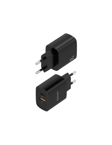 AISENS Cargador GaN 30W, 1xUSB-C PD3.0 QC4.0, 1xUSB-A QC3.0, Negro