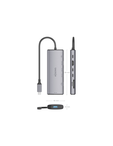 AISENS USB-C Dock 7 en 1, USB-C a 1xHDMI, 1xUSB-A 10G, 2xUSB-C 10G, 1xSD, 1xMicroSD, 1xUSB-C PD 100W, Gris, 20cm