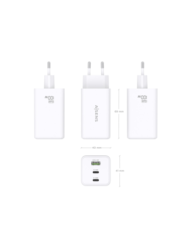 AISENS Cargador GaN 100W, 2x USB-C PD3.0 QC4.0 QC5.0, 1x USB-A QC3.0, Blanco