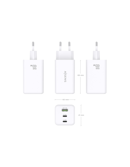 AISENS Cargador GaN 100W, 2x USB-C PD3.0 QC4.0 QC5.0, 1x USB-A QC3.0, Blanco