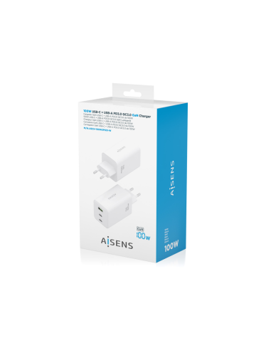 AISENS Cargador GaN 100W, 2x USB-C PD3.0 QC4.0 QC5.0, 1x USB-A QC3.0, Blanco