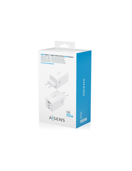 AISENS Cargador GaN 100W, 2x USB-C PD3.0 QC4.0 QC5.0, 1x USB-A QC3.0, Blanco