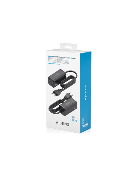 AISENS Cargador Sobremesa GaN 100W, 3x USB-C PD3.0 QC4.0 QC5.0, 1x USB-A QC3.0, Negro