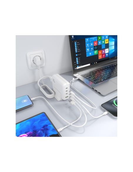 AISENS Cargador Sobremesa GaN 140W, 3x USB-C PD3.1 QC4.0 QC5.0, 1x USB-A QC3.0, Blanco