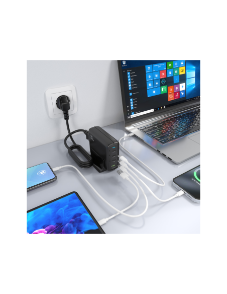 AISENS Cargador Sobremesa GaN 140W, 3x USB-C PD3.1 QC4.0 QC5.0, 1x USB-A QC3.0, Negro