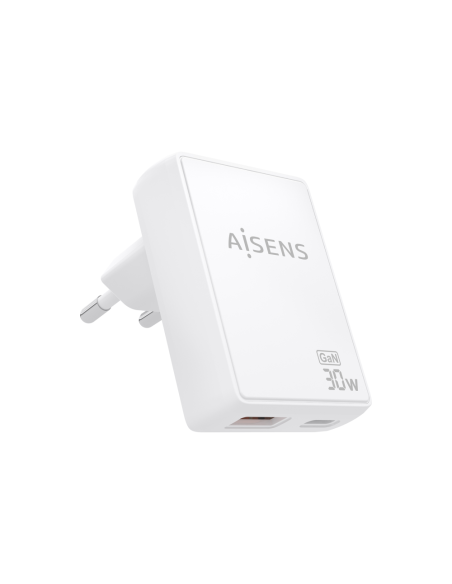 AISENS Cargador De Pared GaN Ultra Delgado 30W, 1xUSB-C PD3.0 QC4.0, 1xUSB-A QC3.0, Blanco