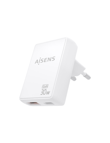 AISENS Cargador De Pared GaN Ultra Delgado 30W, 1xUSB-C PD3.0 QC4.0, 1xUSB-A QC3.0, Blanco