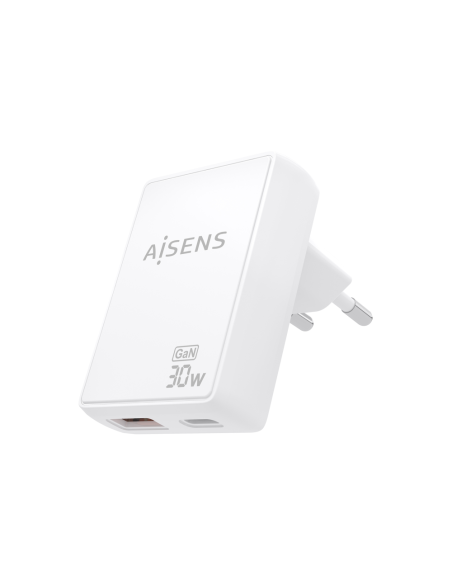AISENS Cargador De Pared GaN Ultra Delgado 30W, 1xUSB-C PD3.0 QC4.0, 1xUSB-A QC3.0, Blanco