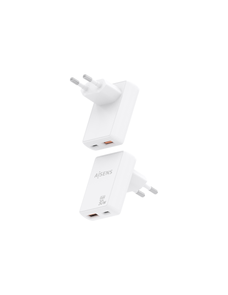 AISENS Cargador De Pared GaN Ultra Delgado 30W, 1xUSB-C PD3.0 QC4.0, 1xUSB-A QC3.0, Blanco